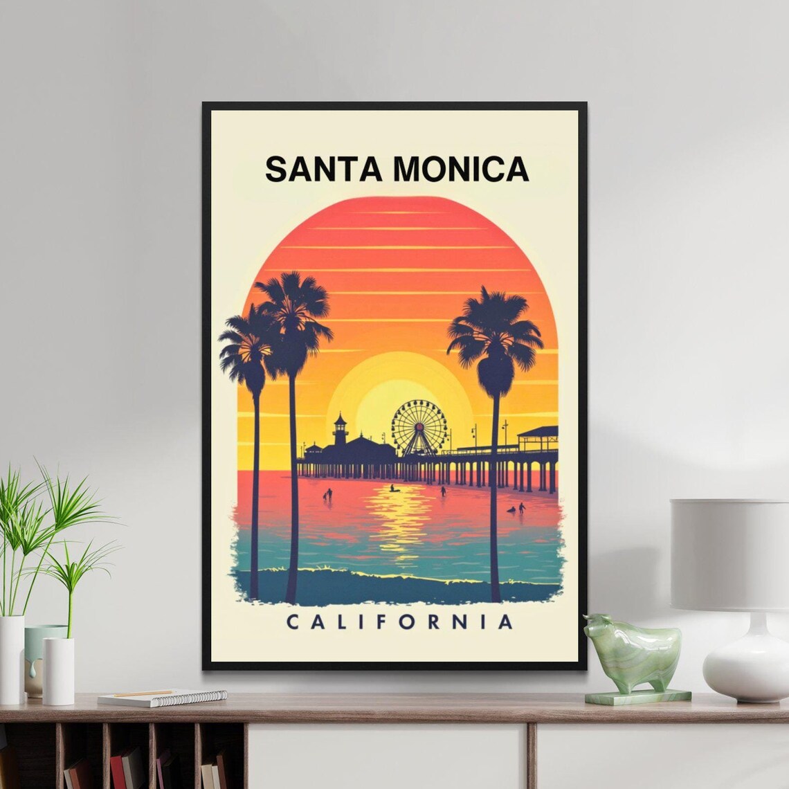 Santa Monica California Sunset Pier Ferris Wheel Palm Tree Vintage Poster