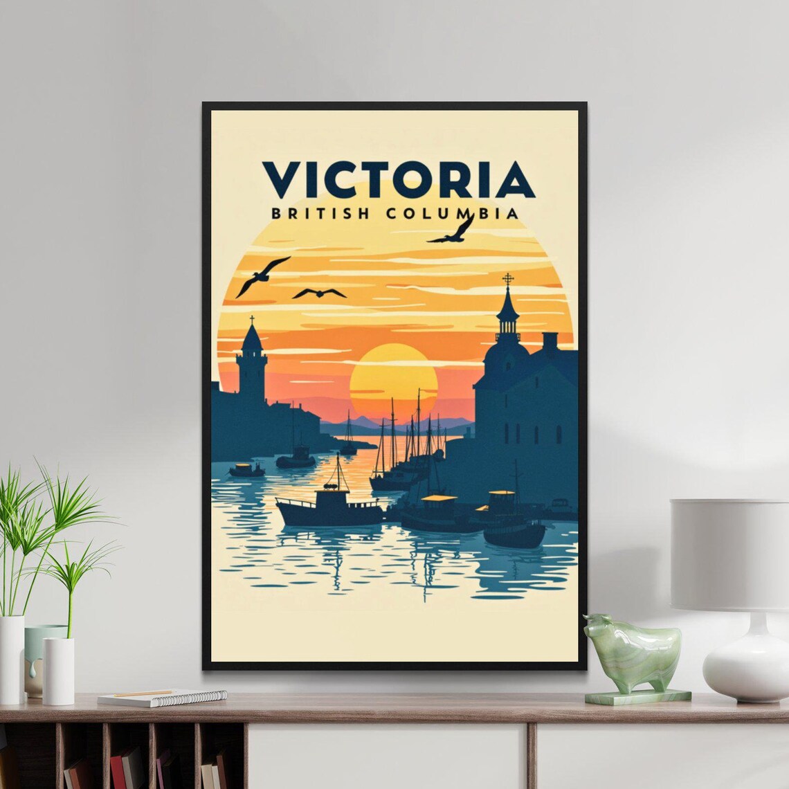Victoria British Columbia Harbor Sunset Boats Coastal Retro Poster