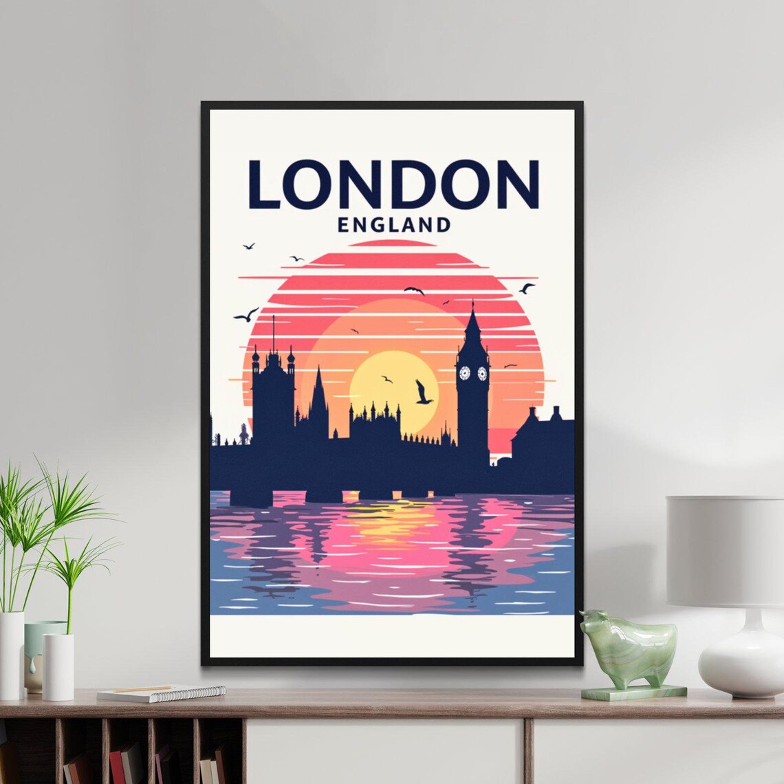 London England Big Ben Sunset Thames Skyline Silhouette Travel Poster