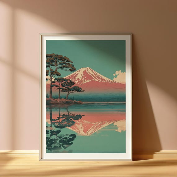 Mount Fuji Abstract Print Vintage Japanese Travel Poster Pink Japan Lake Wall Art