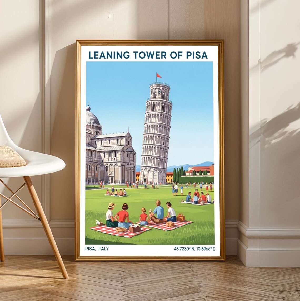 Leaning Tower Of Pisa Family Picnic On Green Lawn Retro Travel Poster