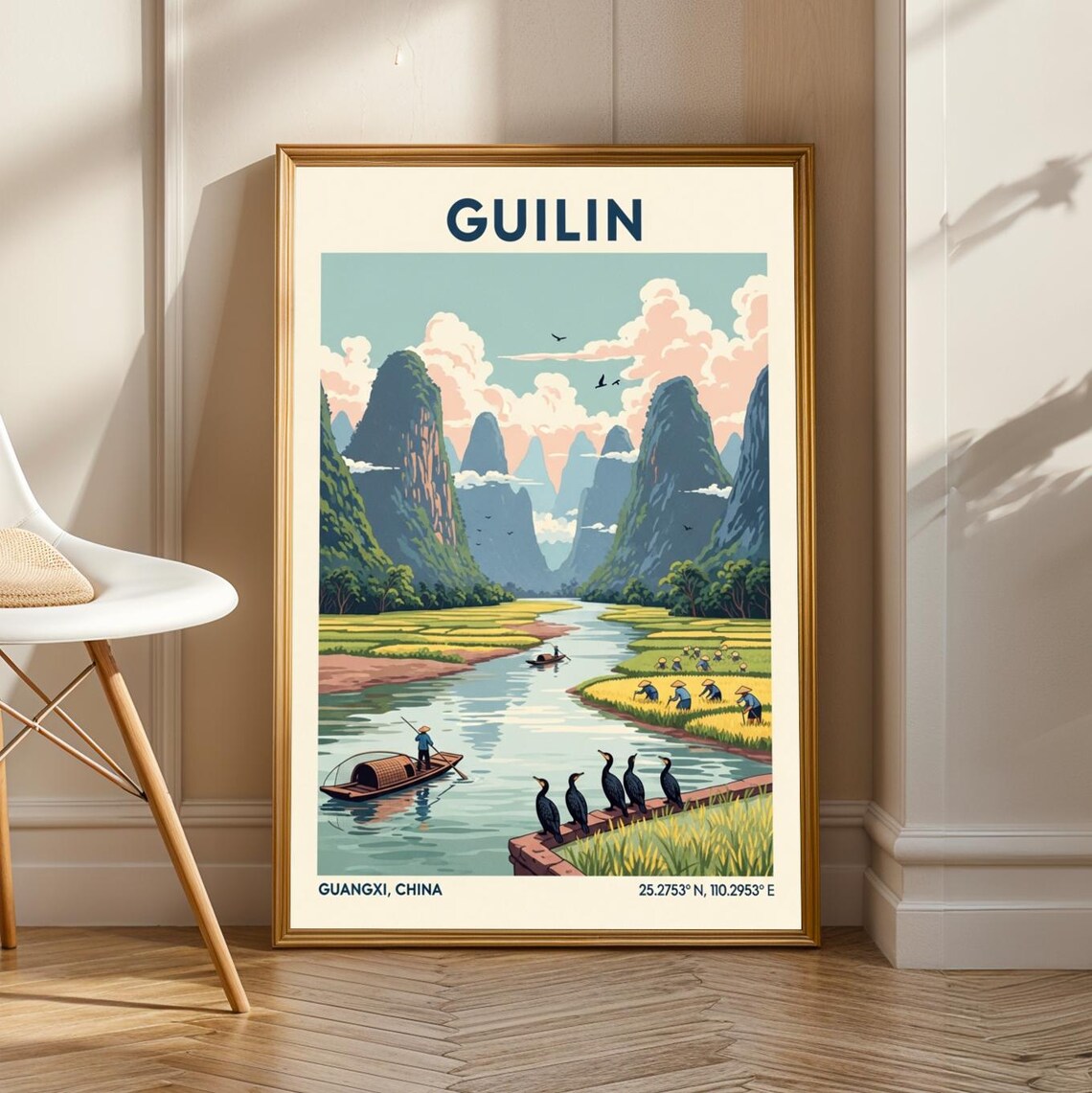 Guilin China Karst Mountains Vintage Travel Poster With River