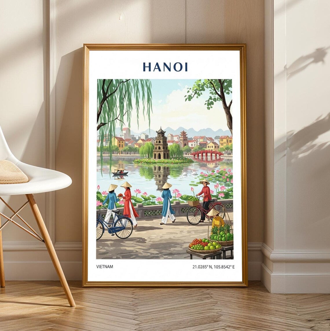 Hanoi Vietnam Hoan Kiem Lake Lotus Pagoda Vintage Travel Poster