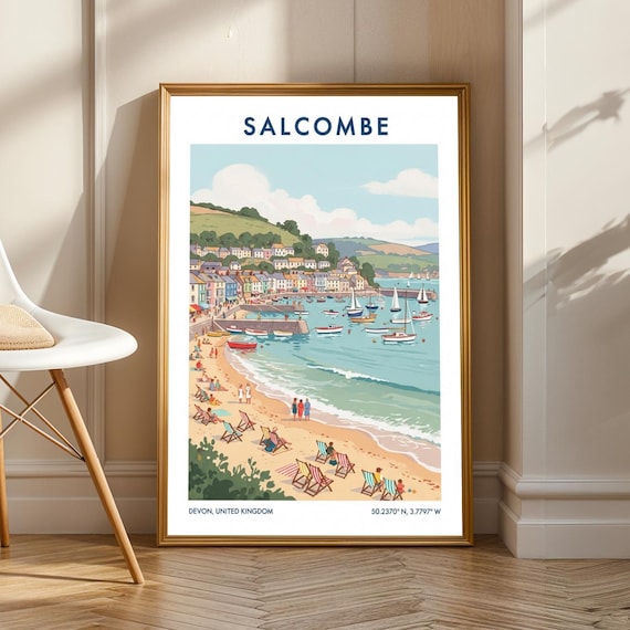Salcombe Coastal Scene Poster Blue And Green Illustration Vintage Travel Art Devon Seaside Decor For Living Room Office