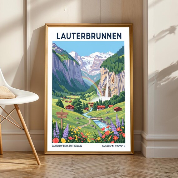 Lauterbrunnen Valley Art Print Green And Blue Red Purple Yellow Travel Illustration Swiss Landscape Poster For Lover