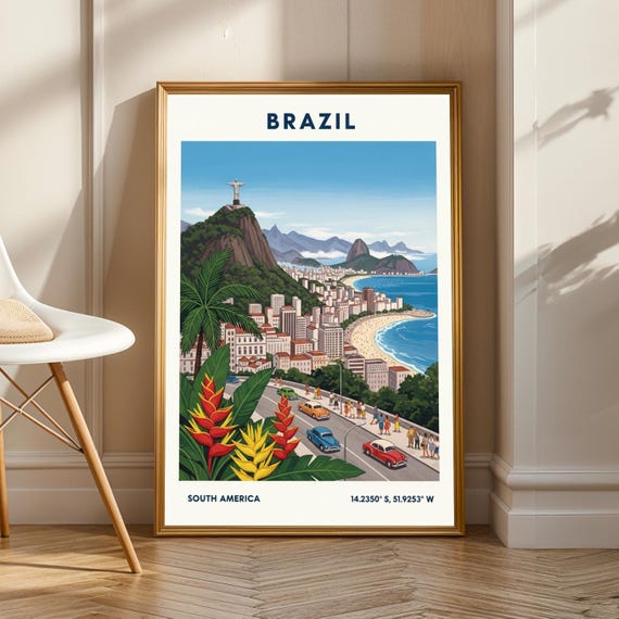 Rio De Janeiro Art Print Blue Green Red And Yellow Poster Vintage Travel Illustration Living Room Office Decor For Lover