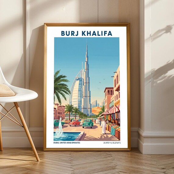 Dubai Burj Khalifa Poster Vintage Gouache Art Print Blue And Teal Sand Green Red Wall Decor Travel Illustration For Living Space