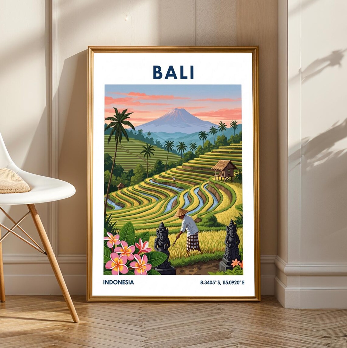 Bali Indonesia Rice Terraces Sunset Volcano Tropical Travel Poster