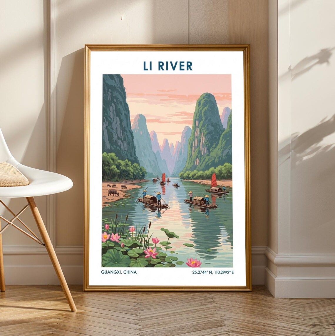 Li River China Karst Peaks Vintage Travel Poster With Bamboo Rafts