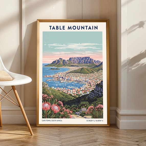 Table Mountain Cape Town Sunset Protea Vintage Travel Poster