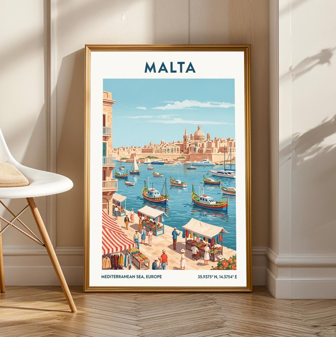 Malta Grand Harbor Vintage Mediterranean Coastal Travel Poster