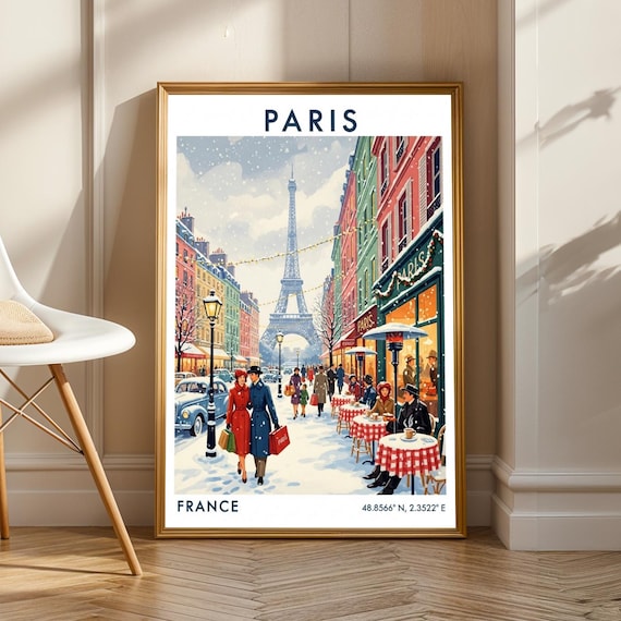 Paris Eiffel Tower Art Print Red And Blue Green Illustration Vintage Travel Poster For Living Room French Lover