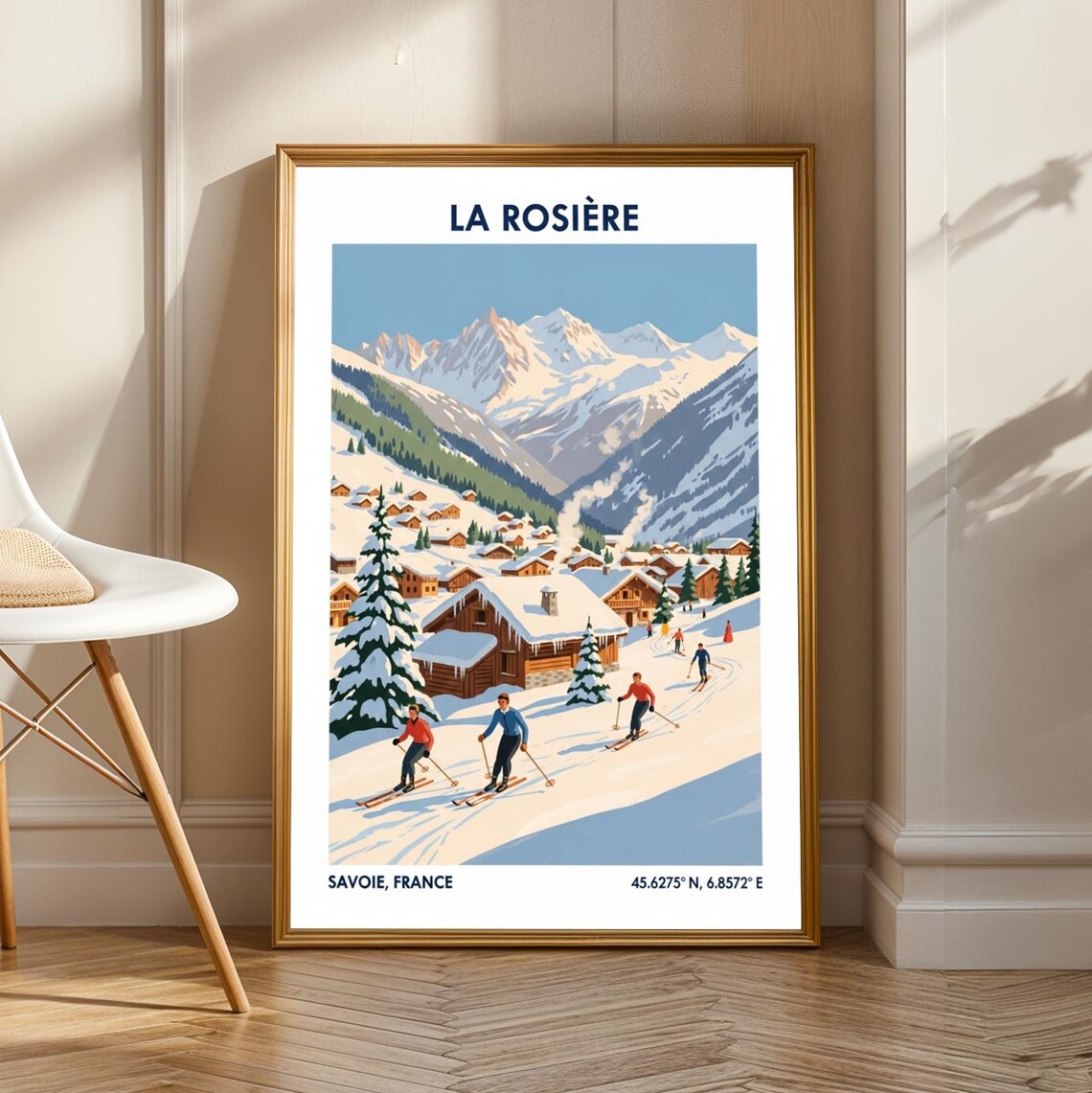 La Rosire Skiing Poster Blue And White Brown Green Art Vintage French Alps Print Travel Enthusiast Decor For Living Room