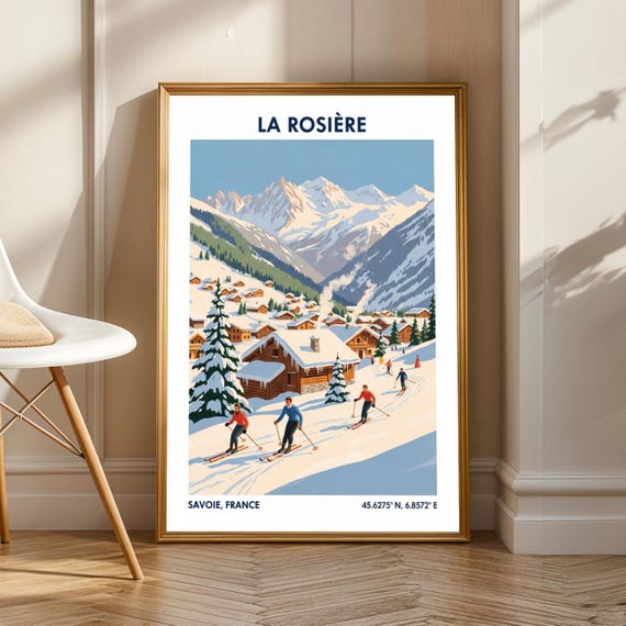La Rosire Skiing Poster Blue And White Brown Green Art Vintage French Alps Print Travel Enthusiast Decor For Living Room