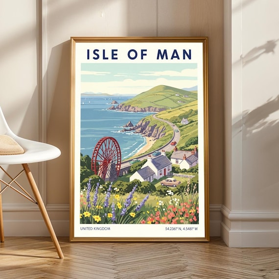 Isle of Man Laxey Wheel Coastal Travel Poster Green Cliffs Scene