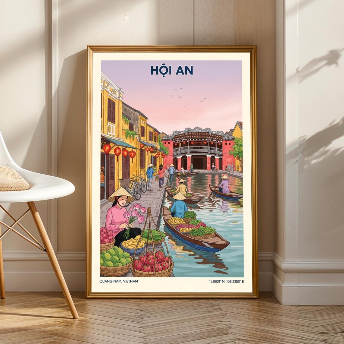 Hoi An Vietnam Riverside Floating Market Lantern Travel Poster Art