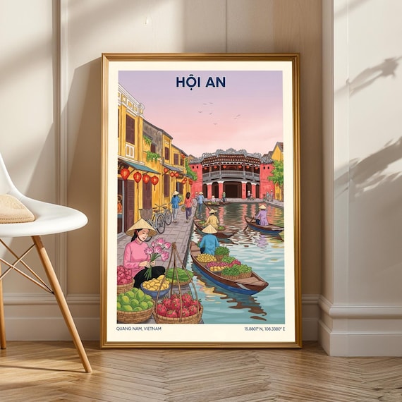 Hi An Riverside Scene Art Print Pink And Yellow Green Blue Red Illustration Vietnamese Cultural For Living Room Or