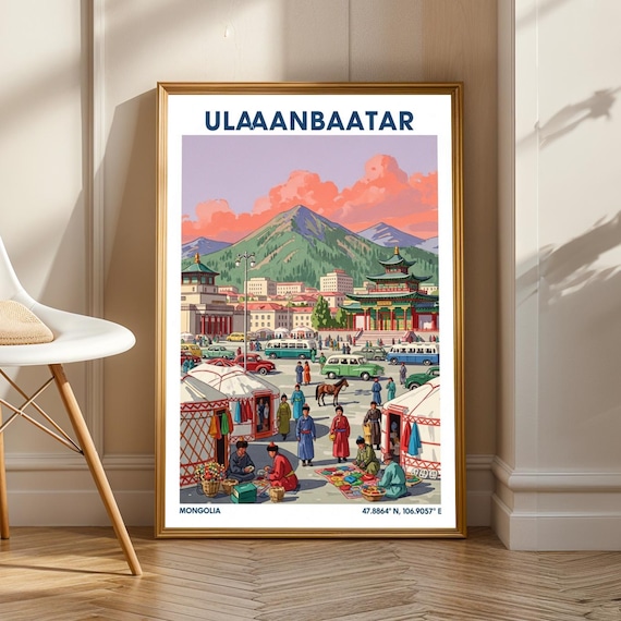 Ulaanbaatar Market Scene Poster Vintage Gouache Illustration Green And Pink Blue Red Wall Art Mongolian Cultural Print