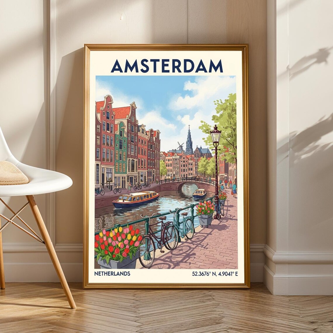 Amsterdam Canal Scene Poster, Dutch Travel Art Print