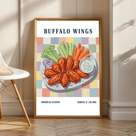 Buffalo Wings Illustration Art Print, Modern Kitchen Decor