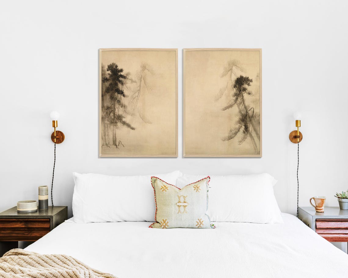 Wabi Sabi Wall Art Set Minimalist Pine Tree Sketch Prints Nature Decor For Living Room Japandi Home Art - Image 2