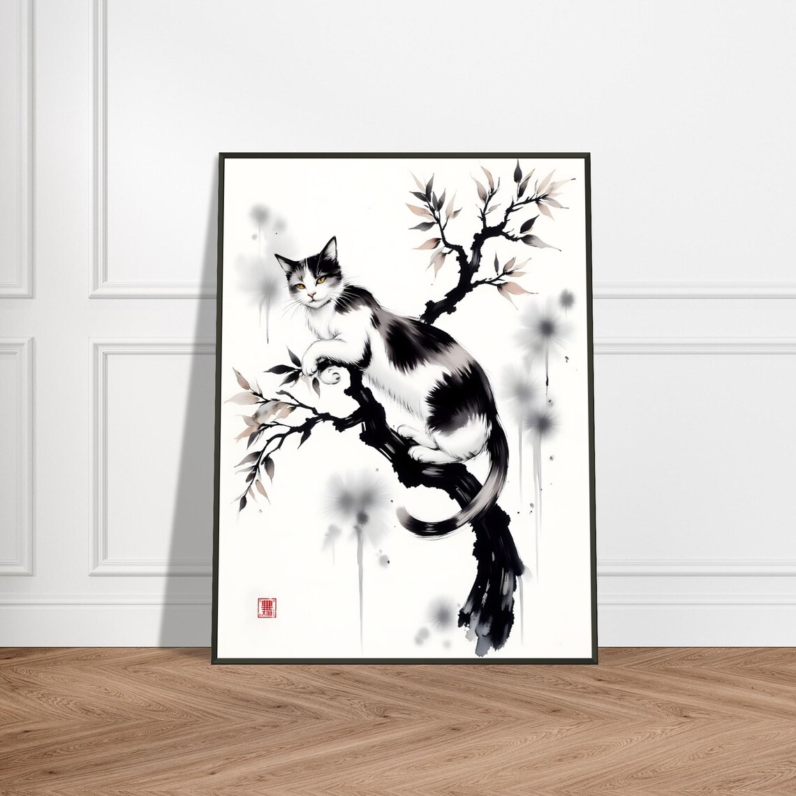 Black and White Cat on Ink Branch Japanese Watercolor Poster