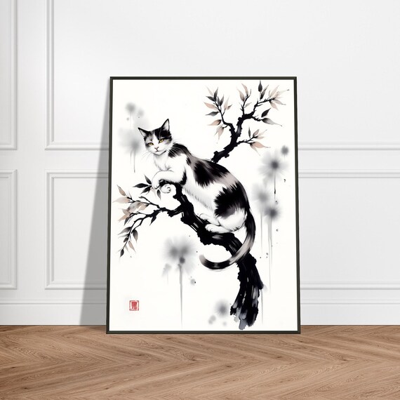 Black and White Cat on Ink Branch Japanese Watercolor Poster