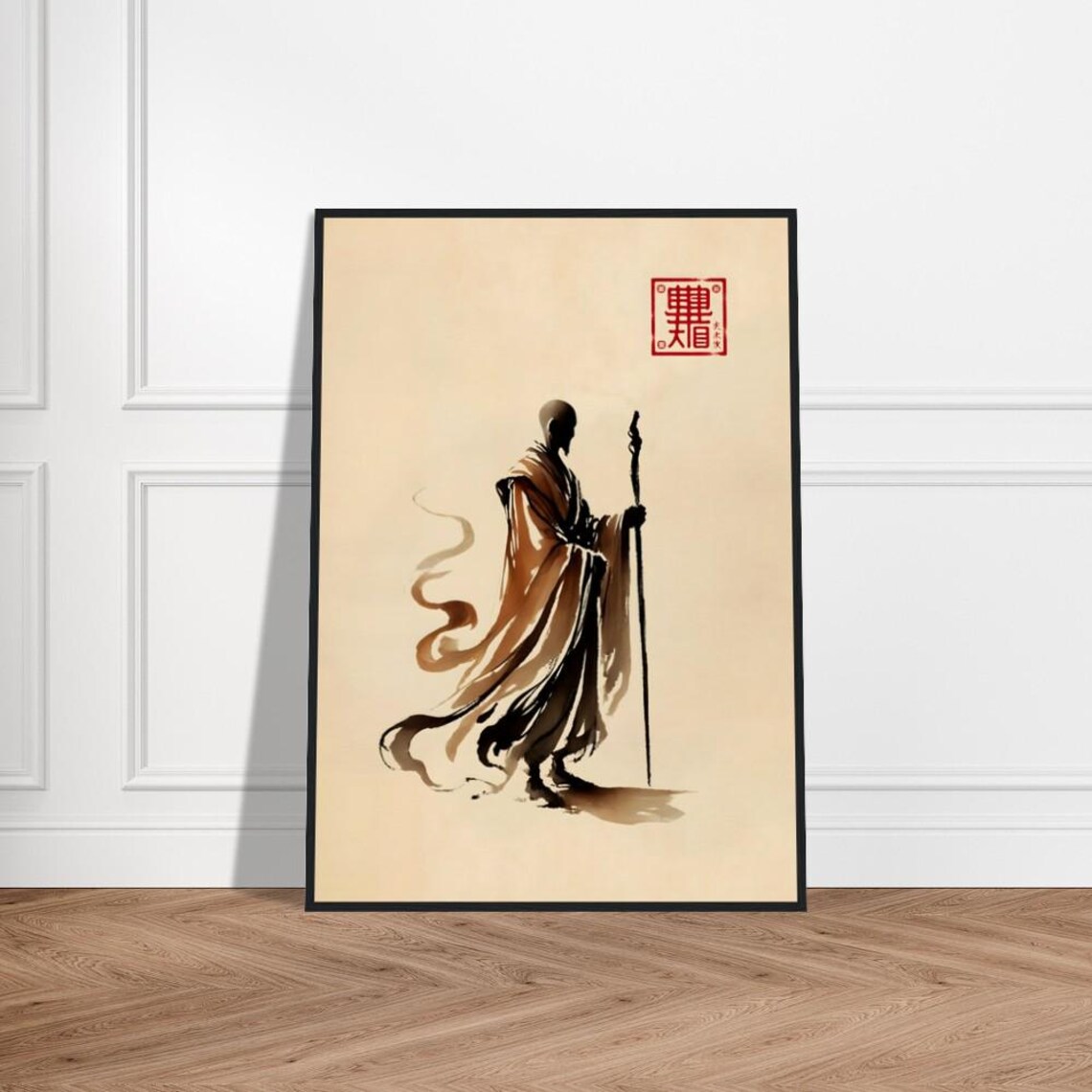 Walking Monk Staff Ink Wash Zen Japanese Art Poster Flowing Robes