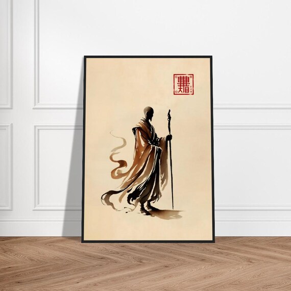Walking Monk Staff Ink Wash Zen Japanese Art Poster Flowing Robes
