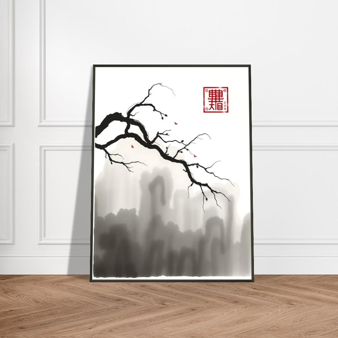 Twisted Branch With Falling Red Leaves Over Misty Peaks Poster