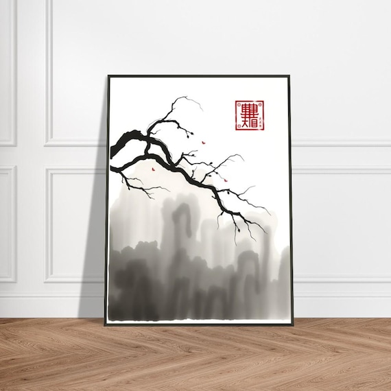 Japanese Ink Wash Landscape Minimalist Branch With Red Petals And Misty Mountains Traditional Sumie Style Seal Stamp