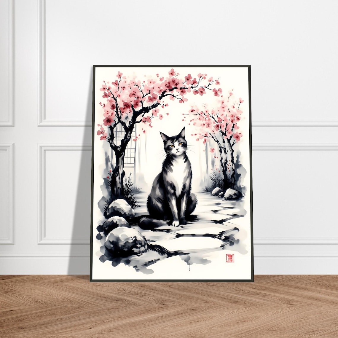Cat on Stone Garden Path Cherry Blossom Japanese Ink Art Poster