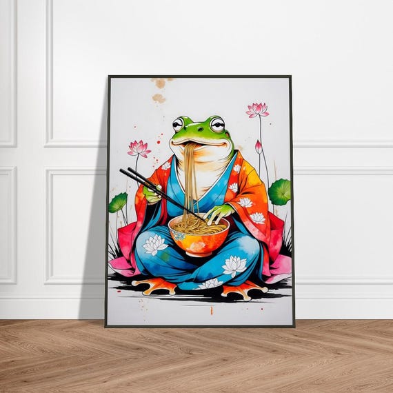 Frog In Kimono Wall Art With Metal Frame Japaneseinspired Ink Illustration Pond And Ramen Scene Vibrant Blue Orange Design
