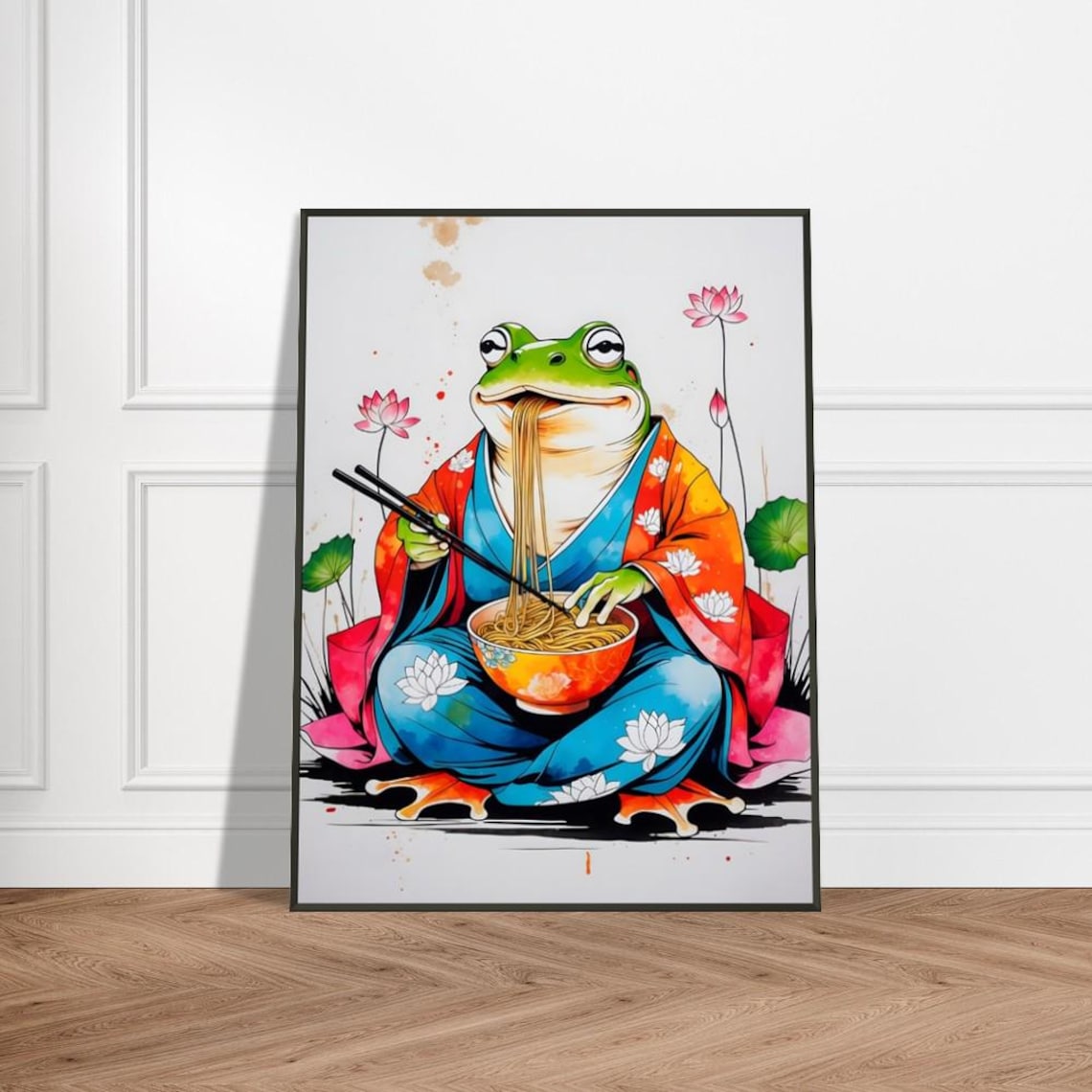 Frog in Kimono Eating Noodles Funny Japanese Ramen Art Poster