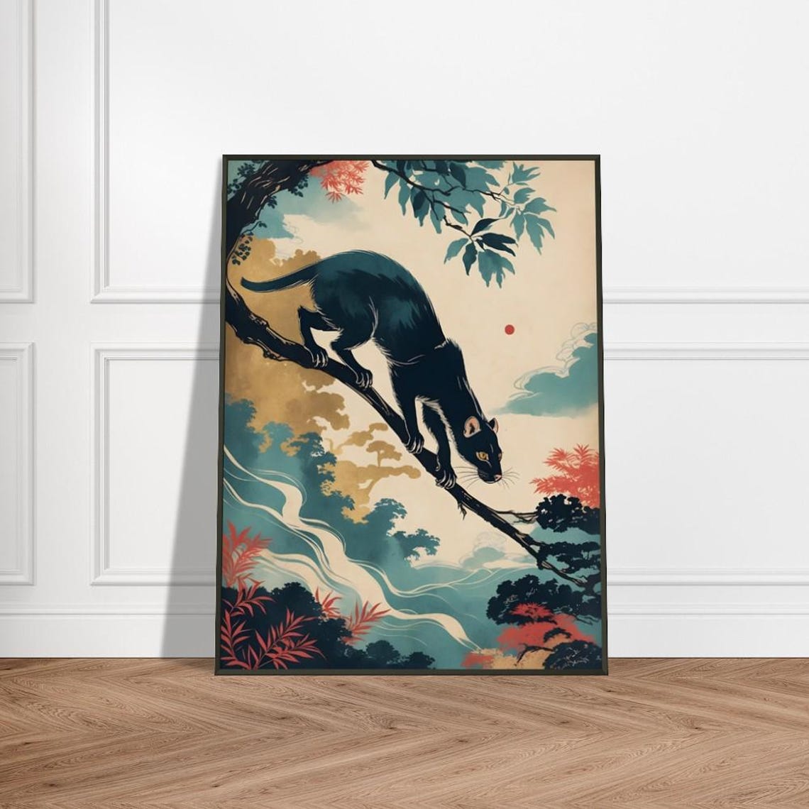 Black Panther Climbing Tree Branch Teal Forest Japanese Poster