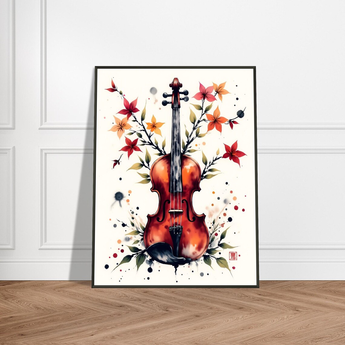 Violin With Red Orange Blossom Branches Watercolor Art Poster