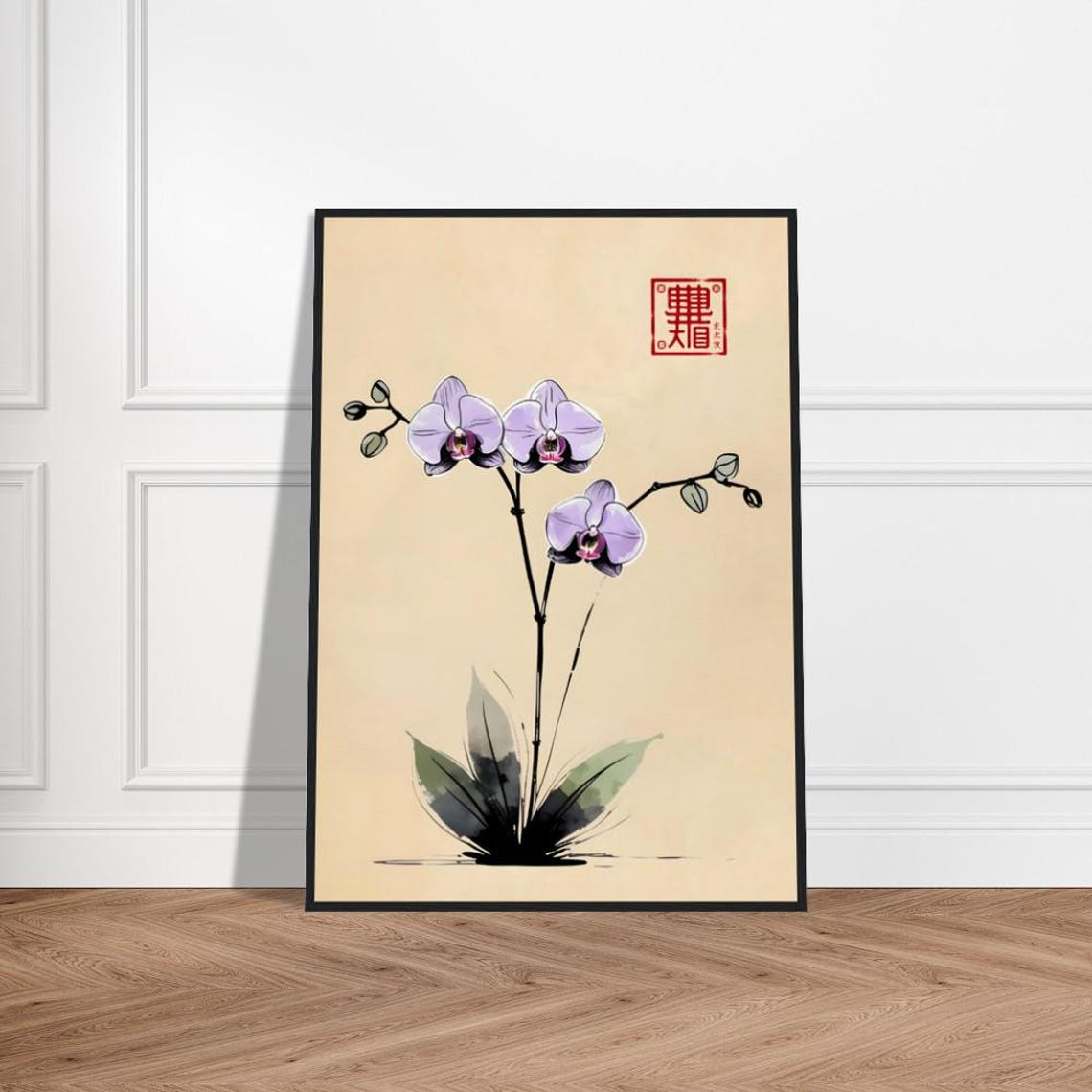 Purple Orchid Branch With Three Blooms Japanese Ink Wash Poster