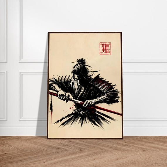 Japanese Samurai Art Poster Minimalist Warrior Wall Decor Museumquality Matte Paper Framed Zen Print