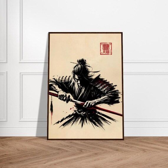 Samurai with Topknot Gripping Red Katana Ink Japanese Art Poster