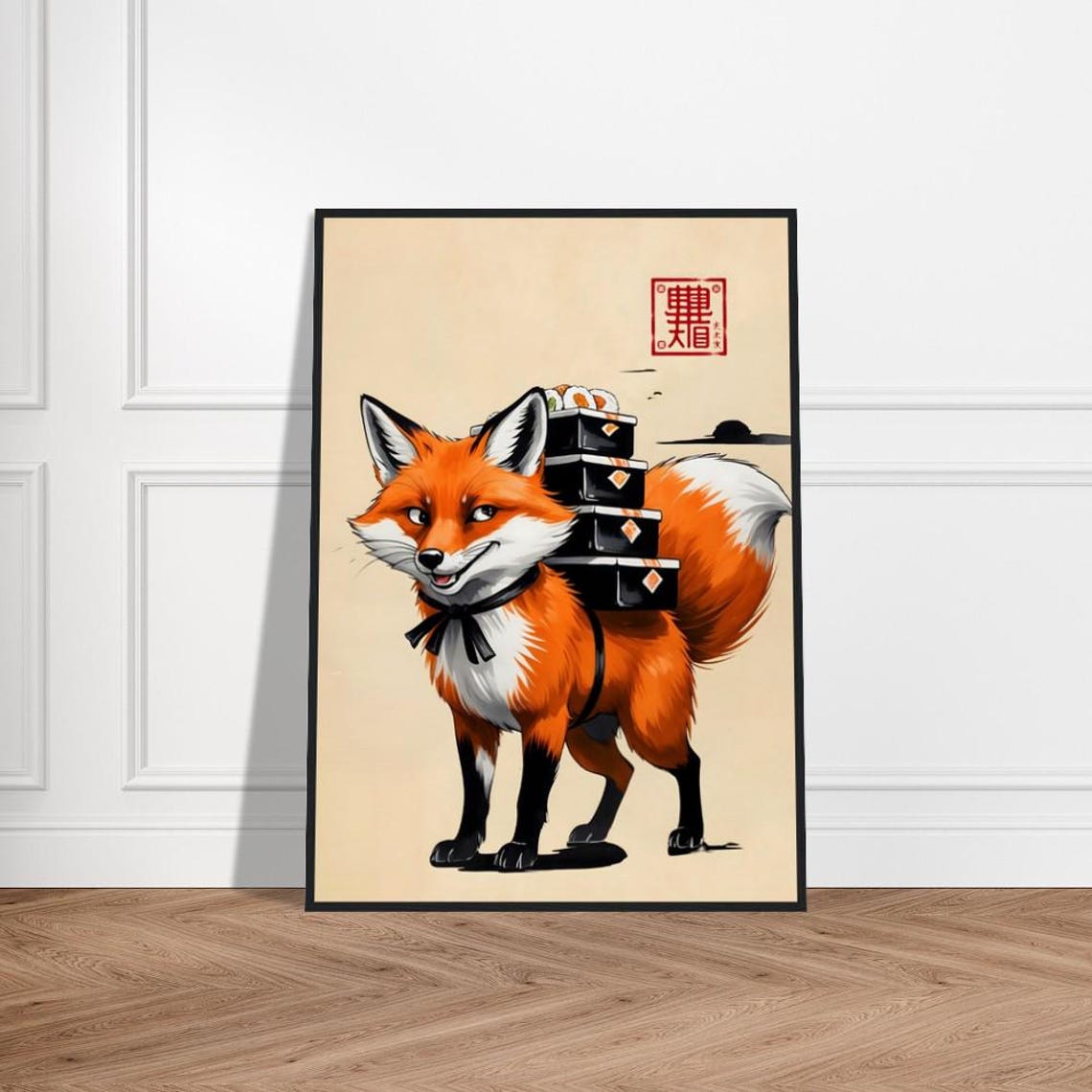 Japanese Sushi Fox Art Print Charming Carrying Bento Boxes Traditional Asianinspired Illustration Whimsical Zen Culinary Wall Decor