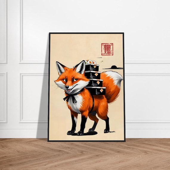 Charming Sushi Fox Carrying Bento Boxes Japanese Inspired Art Poster