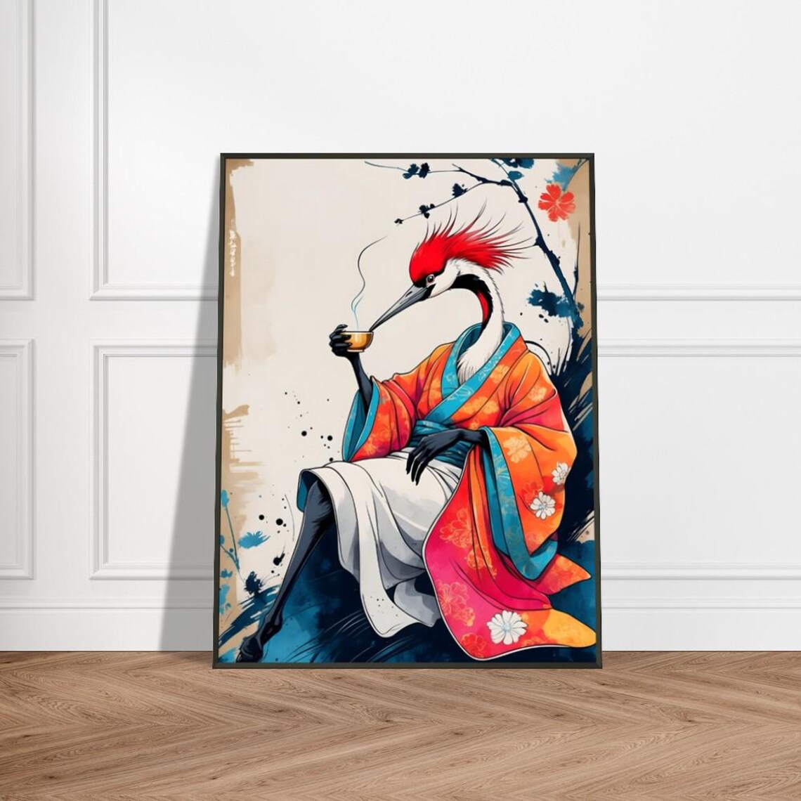 Crowned Crane In Kimono Japanese-Inspired Art Print