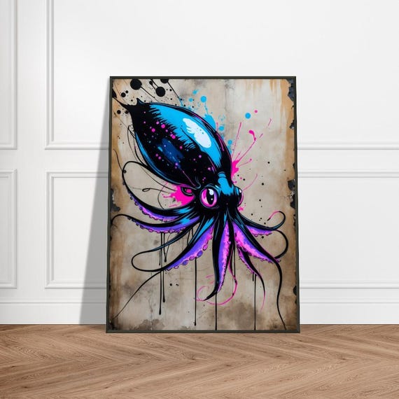 Vibrant Squid Art Print Japaneseinspired Ink Splash Design With Bold Blue Pink And Purple Hues Oceanthemed Wall Decor