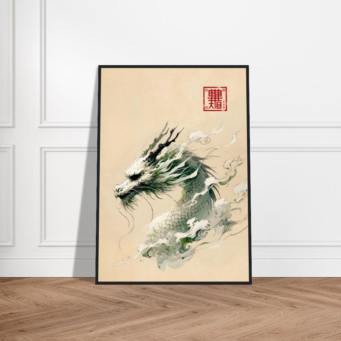 Japanese Dragon Head Emerging From Clouds Green Ink Art Poster
