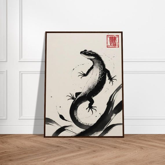 Dynamic Lizard In Japanese Sumie Style Bold Monochrome Brushwork With Flowing Ink Strokes And Minimalist Zen Print
