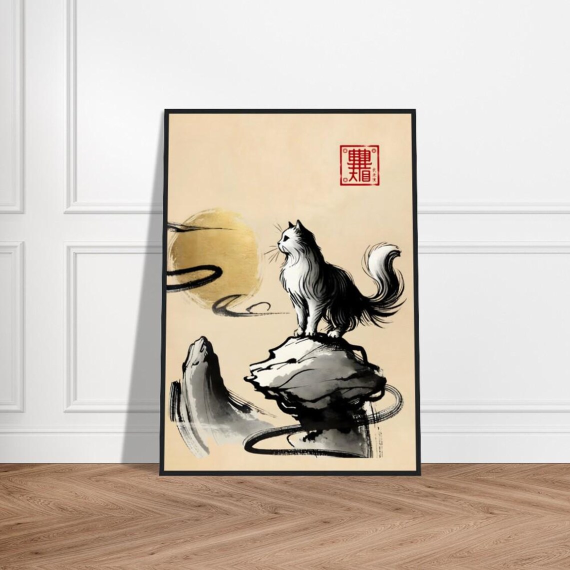 Longhair Cat on Rock under Golden Moon Ink Japanese Art Poster
