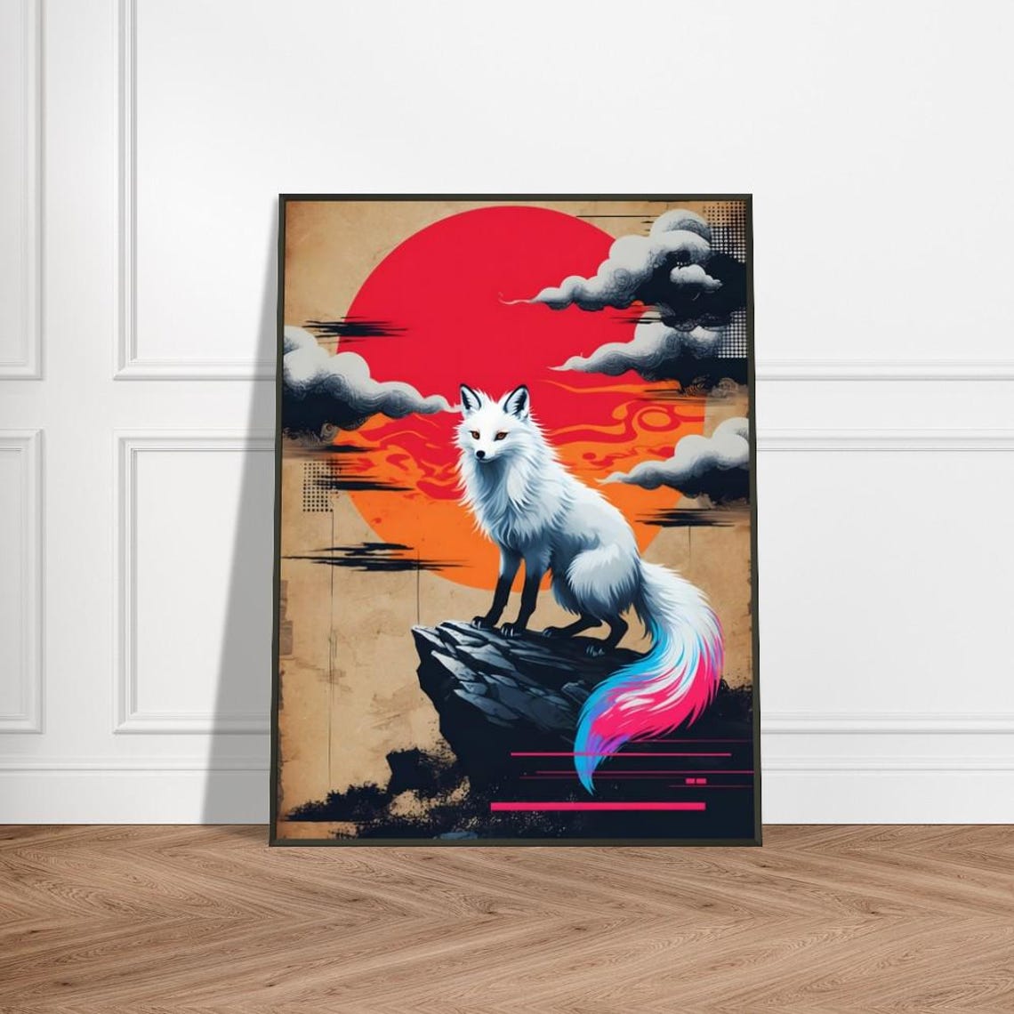 Mystical White Fox With Gradient Tail Japaneseinspired Metal Framed Art Print Radiant Red Sun Dramatic Clouds And Rock Cliff Scene