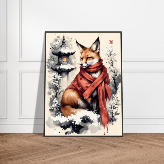 Winter Fox In Red Scarf Japanese Zen Ink Wall Art Print With Metal Frame Snowy Garden Lantern Scene Brushstroke Style