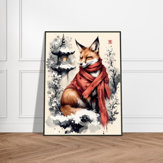 Winter Fox in Red Scarf Snowy Stone Lantern Japanese Ink Poster