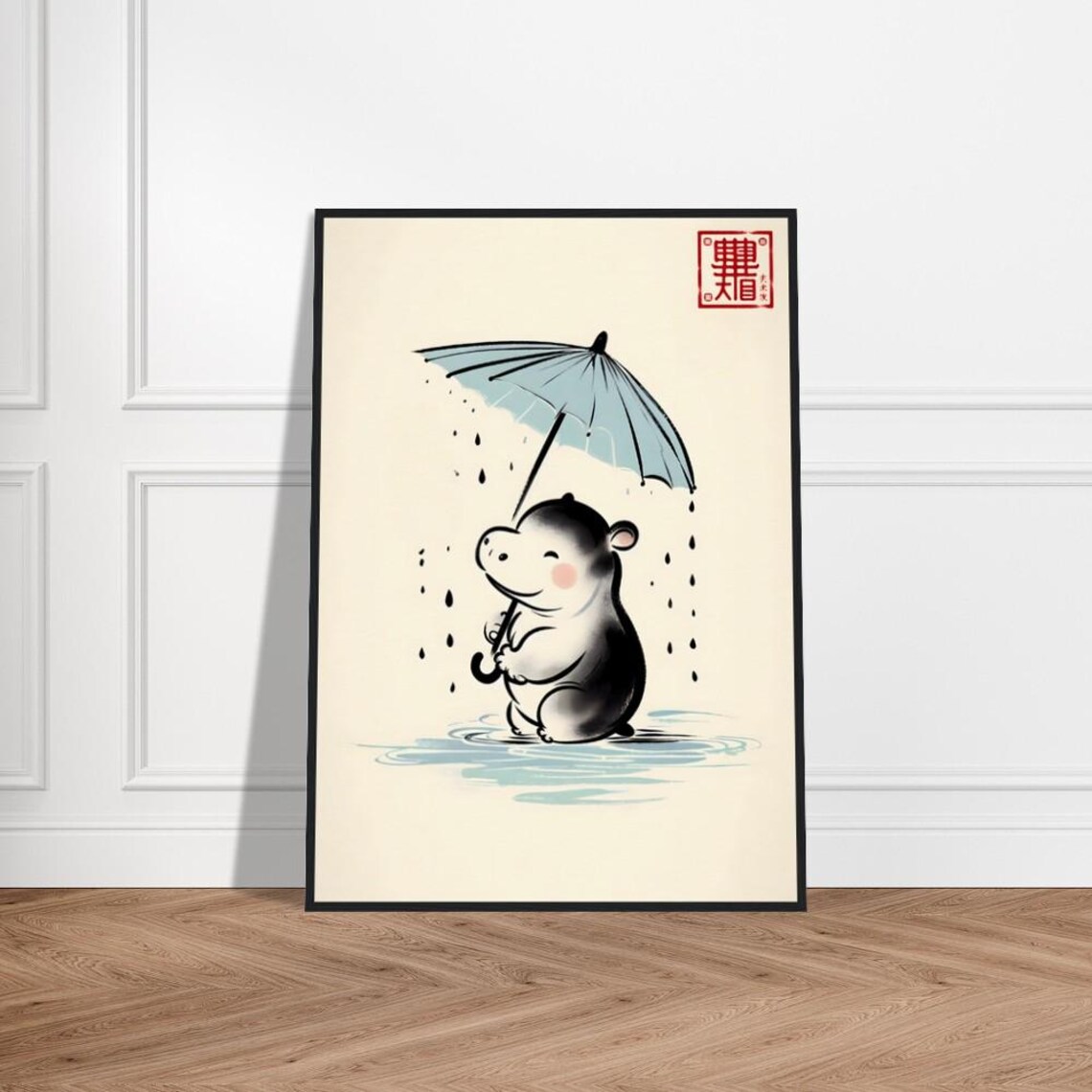 Moo Deng Baby Hippo With Blue Umbrella in Gentle Rain Art Poster
